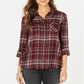 Style & Co Women's Cotton Tab Sleeve Plaid Shirt Berry Multi Size Petite XL