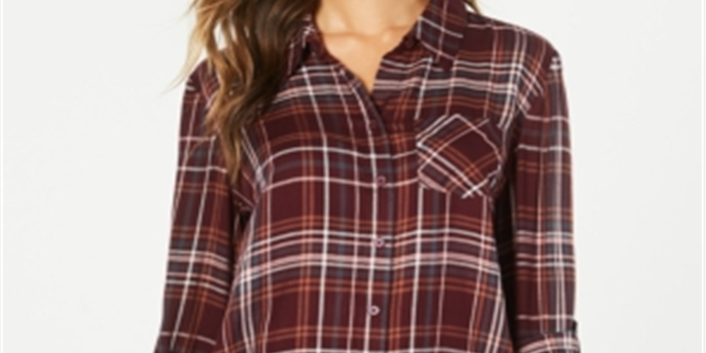 Style & Co Women's Cotton Tab Sleeve Plaid Shirt Berry Multi Size Petite XL
