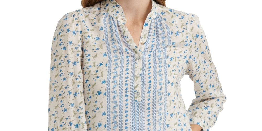 Lucky Brand Women's Megan Floral Popover Shirt  White Size X-Small