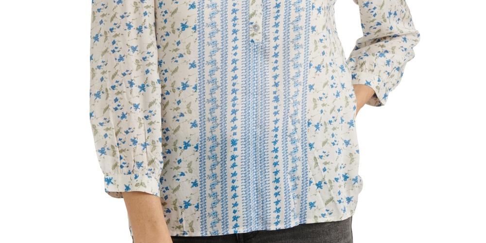 Lucky Brand Women's Megan Floral Popover Shirt  White Size X-Small