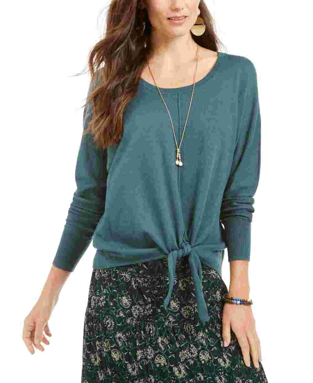 Style & Co Women's Tie Front Sweater Green Size Medium