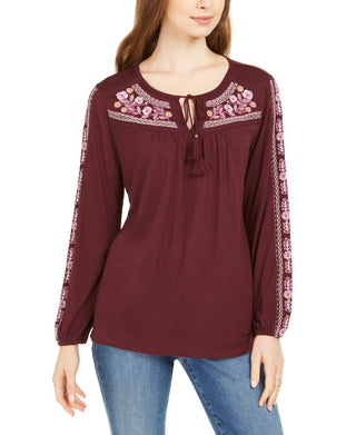 Style & Co Women's Embroidered Tie Neck Top Purple Size X-Small