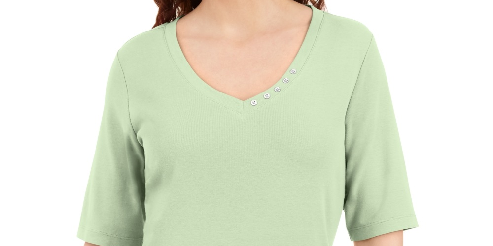 Karen Scott Women's Button Detail V Neck Top Green Size Small