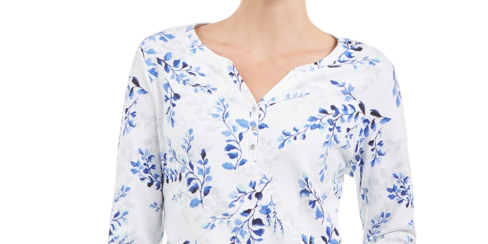 Karen Scott Women's Printed Henley Top Blue Size X-Small