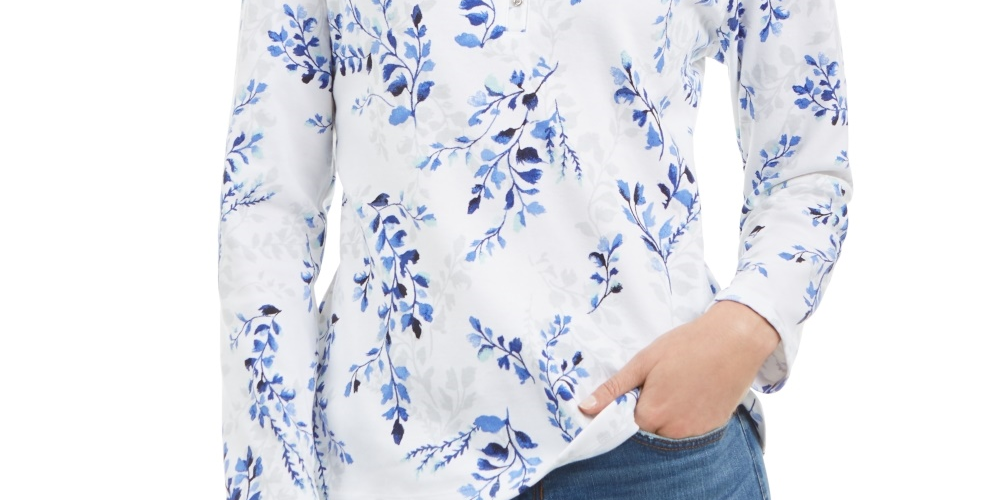 Karen Scott Women's Printed Henley Top Blue Size X-Small