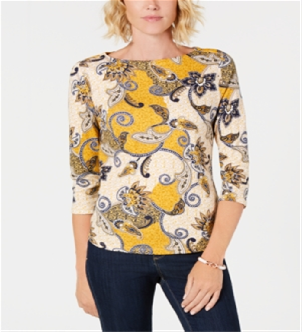 Charter Club Women's Pima Cotton Button Shoulder Print Top Yellow Size Petiter S/M
