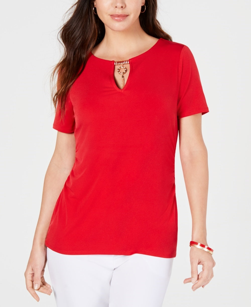 JM Collection Women's Embellished Keyhole Top Red Size Medium