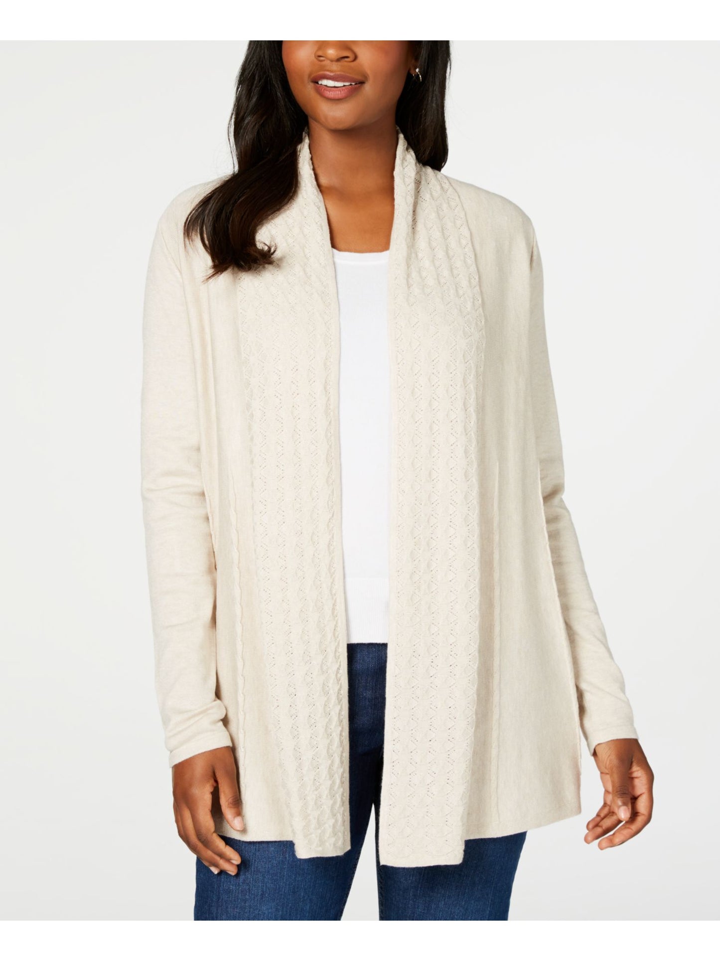 Karen Scott Women's Textured Open Cardigan Oatmeal Size Petite Small