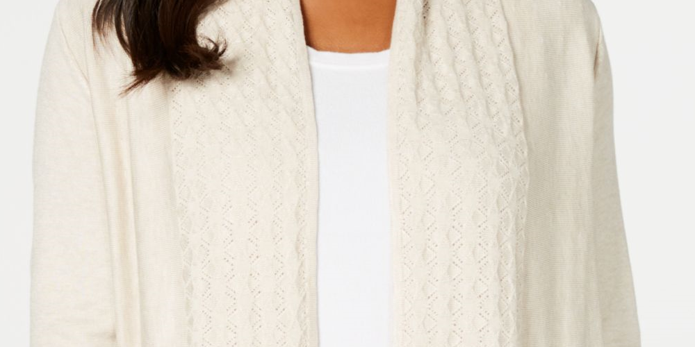 Karen Scott Women's Textured Open Cardigan Oatmeal Size Petite Small