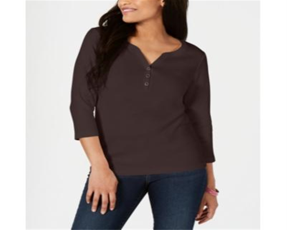 Karen Scott Women's Cotton Henley Top Brown Size Small