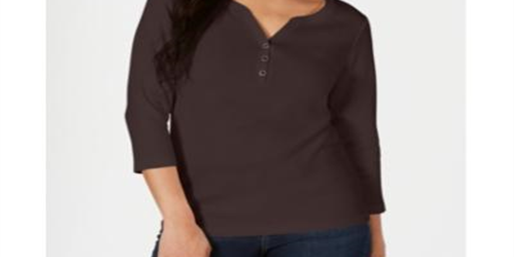 Karen Scott Women's Cotton Henley Top Brown Size Small