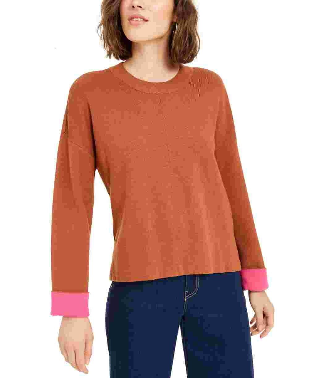 Bar III Women's Long Sleeve Jewel Neck Top Brown Size Small