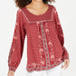 Style & Co Women's Printed Peasant Top Red Size Petite P
