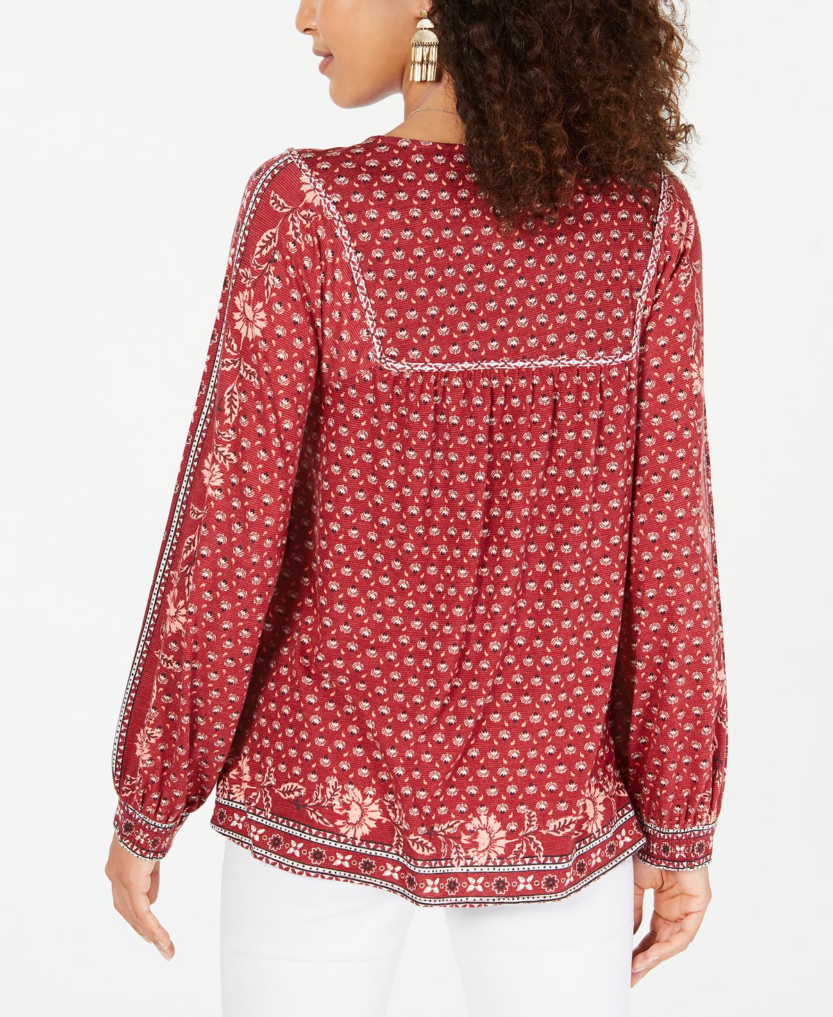 Style & Co Women's Printed Peasant Top Red Size Petite P