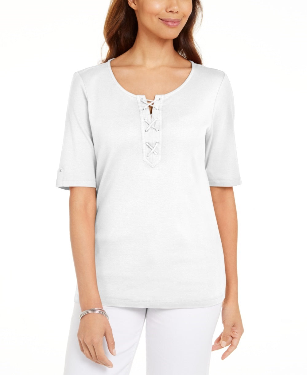 Karen Scott Women's Cotton Lace Up Elbow Sleeve Top White Size Small