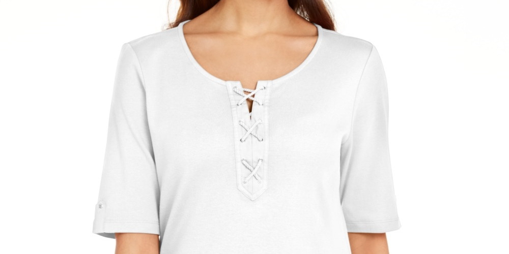 Karen Scott Women's Cotton Lace Up Elbow Sleeve Top White Size Small
