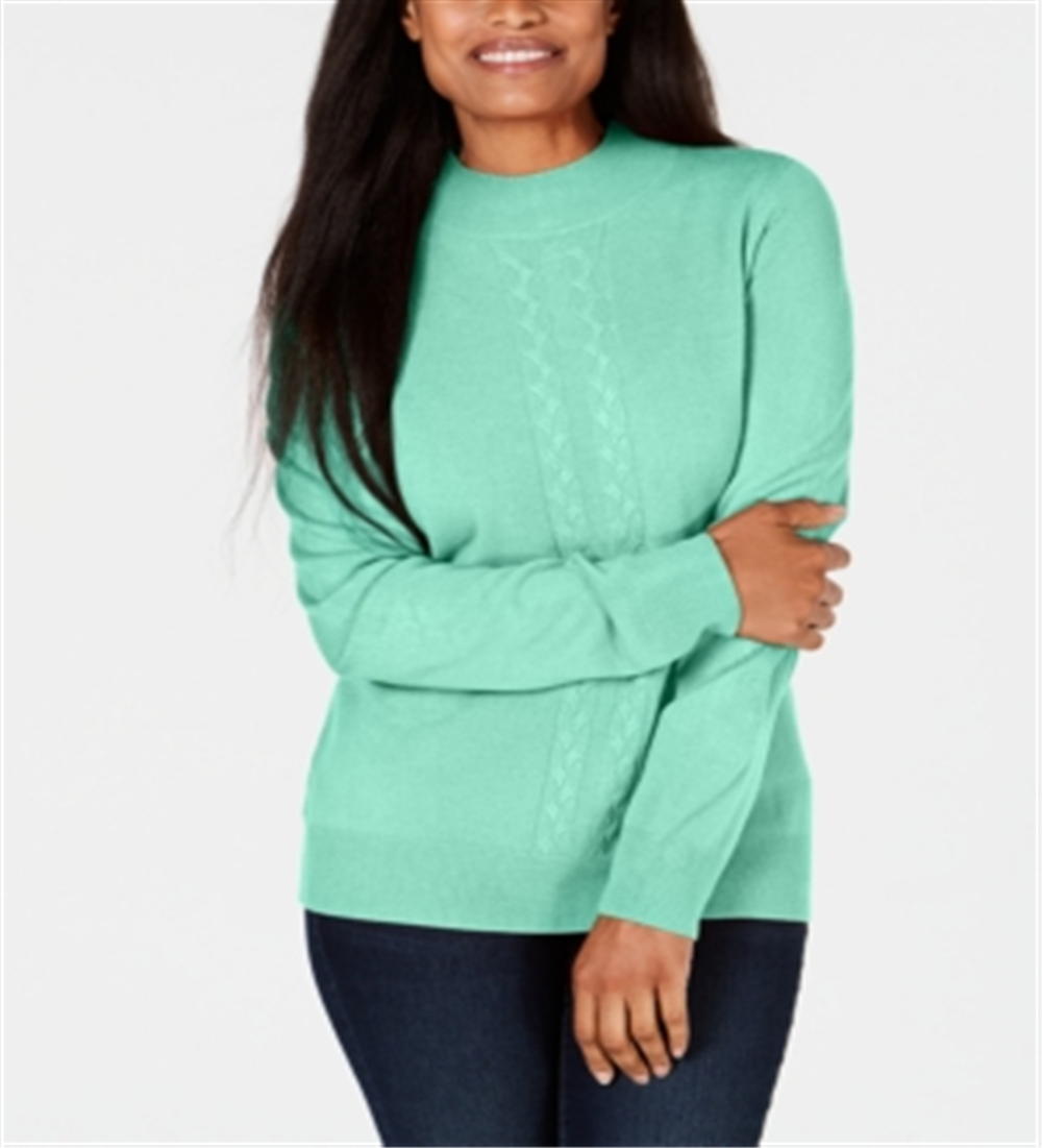 Karen Scott Women's Cable Knit Crewneck Sweater Aqua Size Petite L