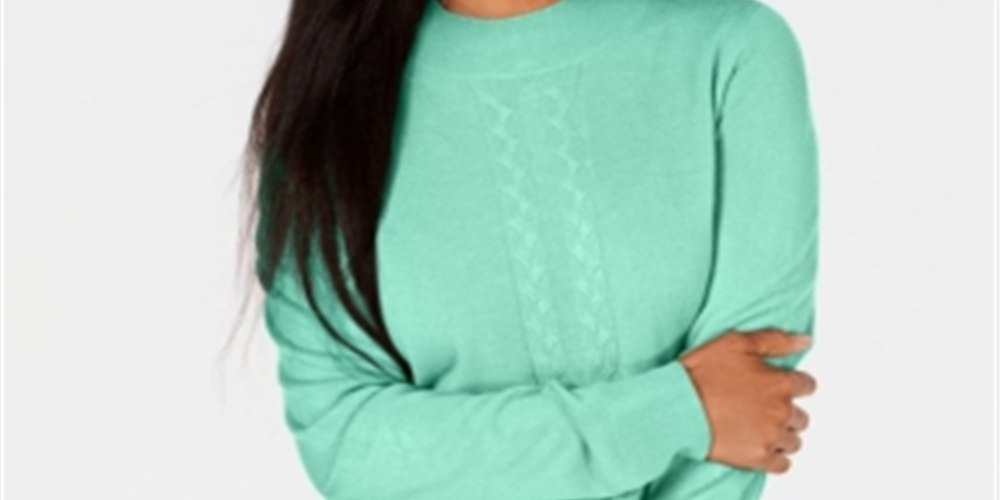 Karen Scott Women's Cable Knit Crewneck Sweater Aqua Size Petite L