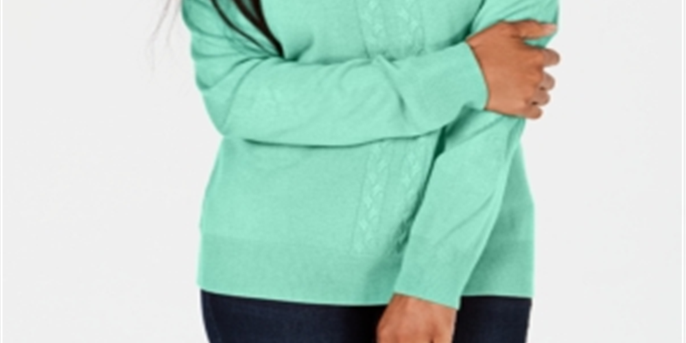 Karen Scott Women's Cable Knit Crewneck Sweater Aqua Size Petite L