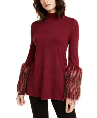 Alfani Women's Mock Neck Sweater with Faux Fur Cuffs Red Size Petite