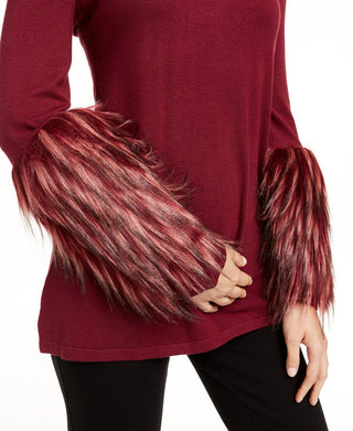Alfani Women's Mock Neck Sweater with Faux Fur Cuffs Red Size Petite
