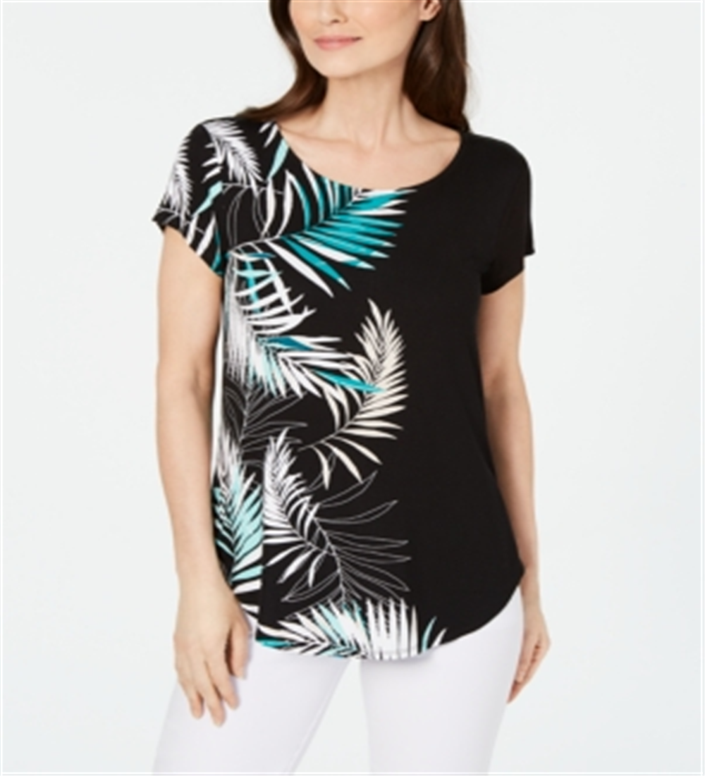 Alfani Women's Printed Round Hem T-Shirt Black Multi Size Petite S
