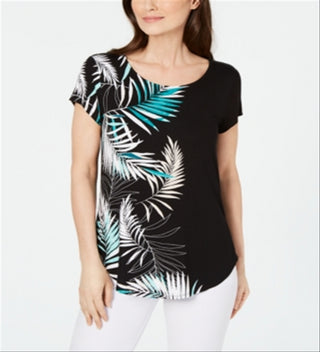 Alfani Women's Printed Round Hem T-Shirt Black Multi Size Petite S