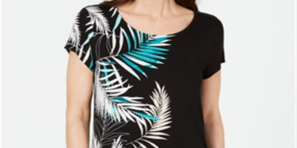 Alfani Women's Printed Round Hem T-Shirt Black Multi Size Petite S