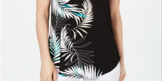 Alfani Women's Printed Round Hem T-Shirt Black Multi Size Petite S