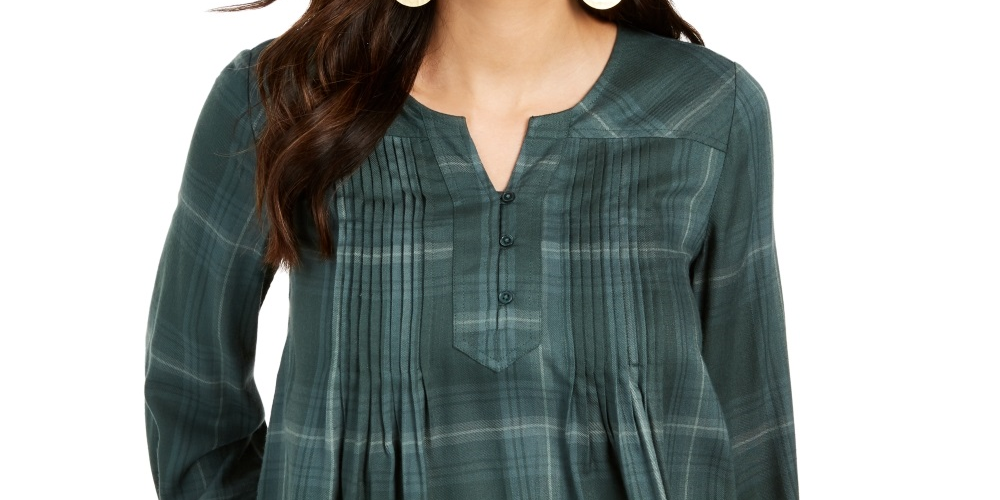 Style & Co Women's Plaid Split Neck Top Green Size Large