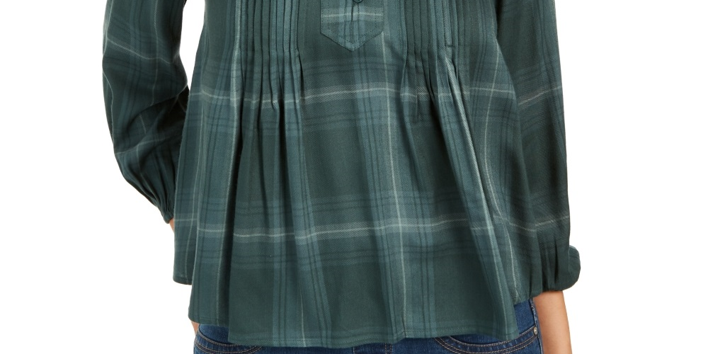 Style & Co Women's Plaid Split Neck Top Green Size Large