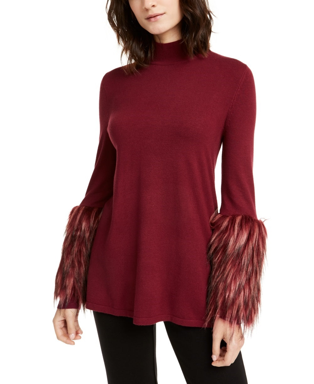 Alfani Women's Faux Fur Cuff Mock Neck Sweater Red Size XX-Large
