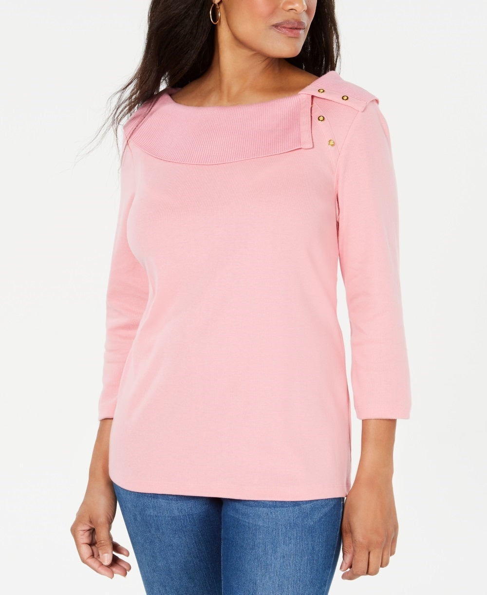 Karen Scott Women's Cotton Shawl Collar Button Top Pink Size Small