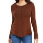 Style & Co Women's Textured Speckle Long Sleeve Jewel Neck T-Shirt Sweater Brown Size Petite Large
