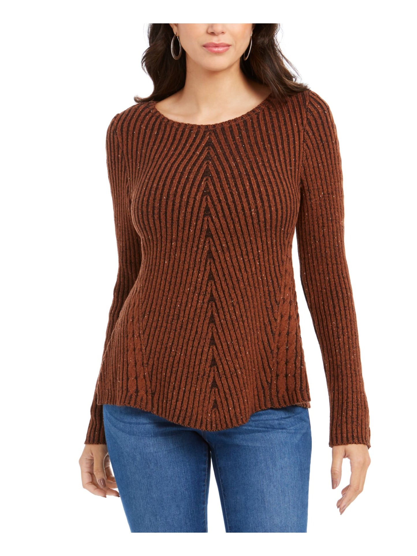 Style & Co Women's Textured Speckle Long Sleeve Jewel Neck T-Shirt Sweater Brown Size Petite Large