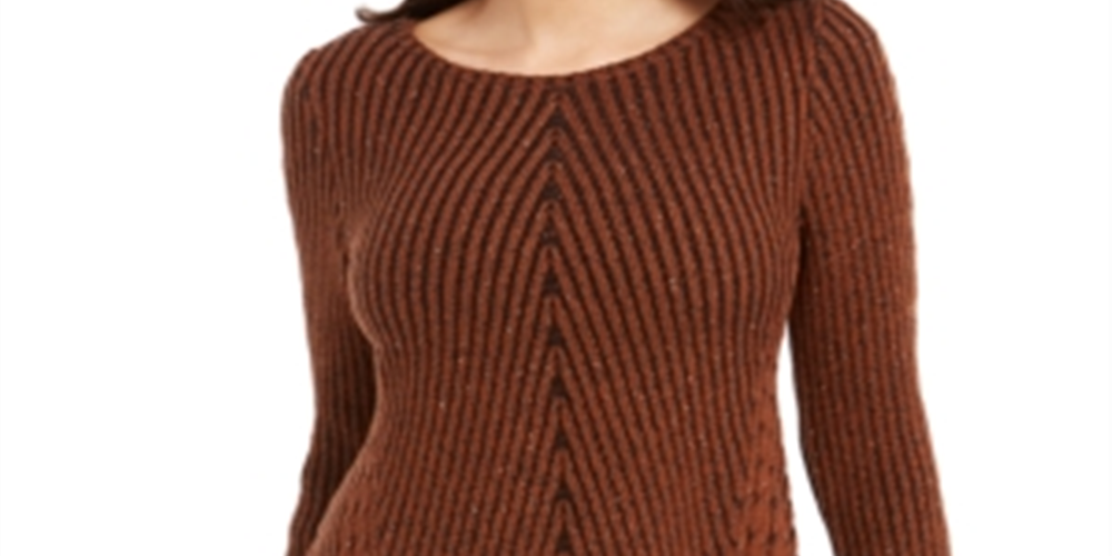 Style & Co Women's Textured Speckle Long Sleeve Jewel Neck T-Shirt Sweater Brown Size Petite Large