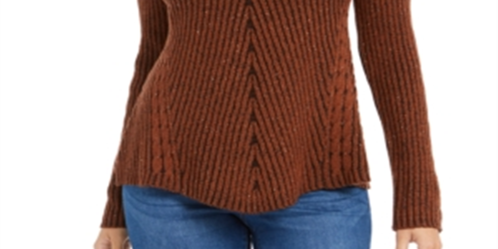 Style & Co Women's Textured Speckle Long Sleeve Jewel Neck T-Shirt Sweater Brown Size Petite Large
