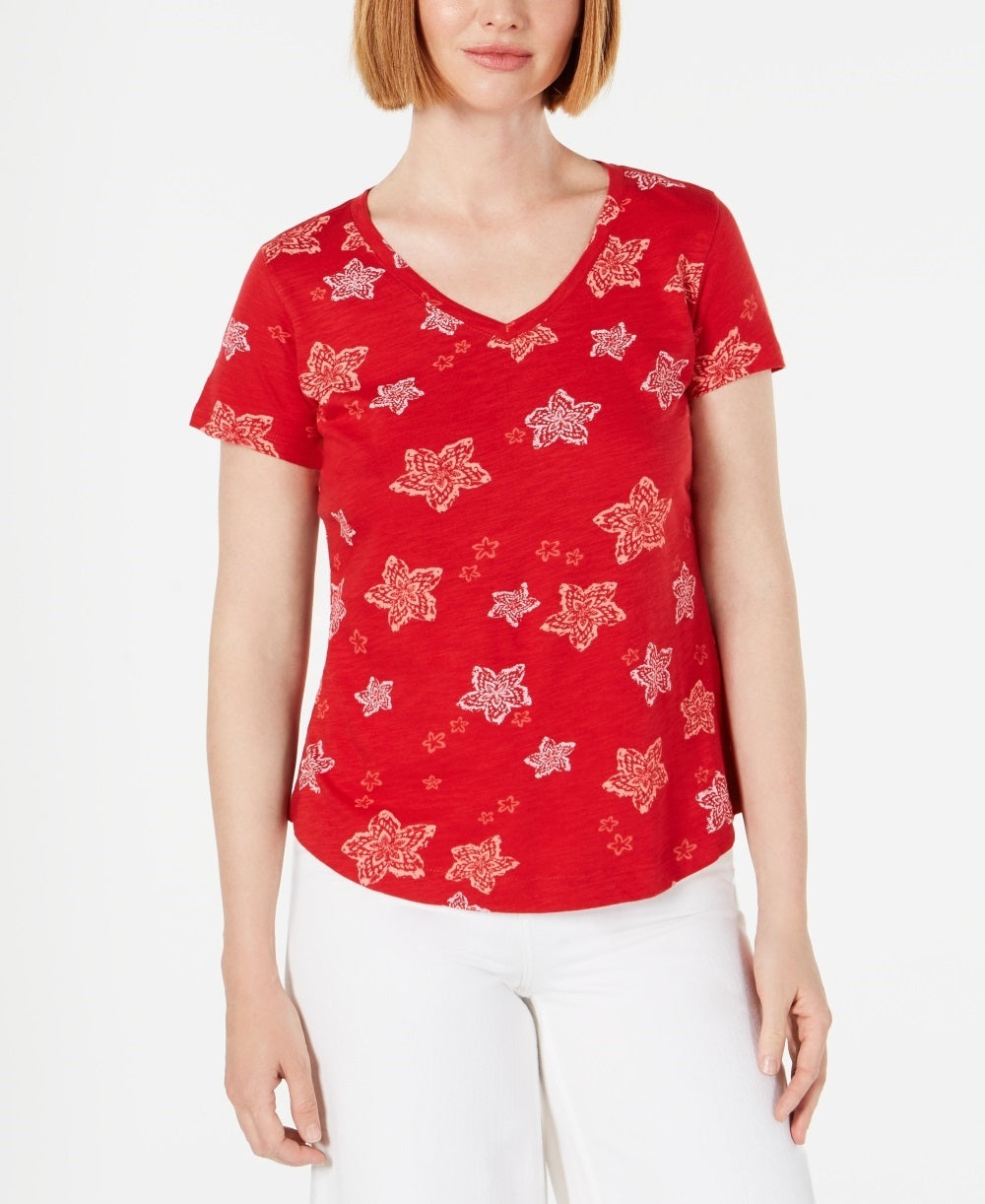 Style & Co Women's Printed V Neck T-Shirt Wine Size Petite Large