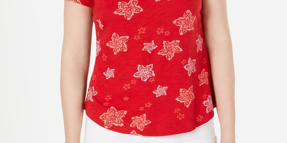 Style & Co Women's Printed V Neck T-Shirt Wine Size Petite Large