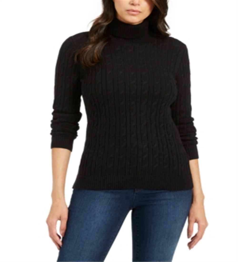 Charter Club Women's Cable Knit Turtleneck Sweater Black Size Petite L
