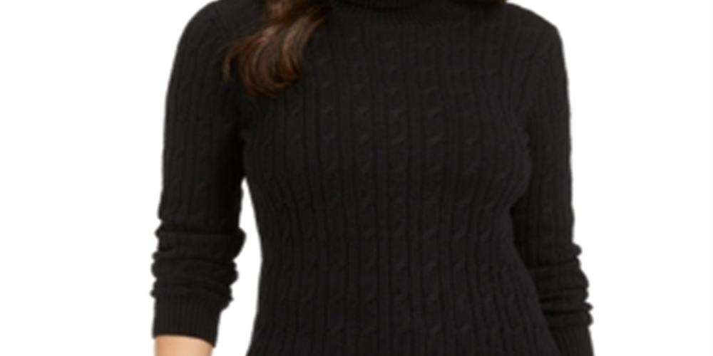 Charter Club Women's Cable Knit Turtleneck Sweater Black Size Petite L
