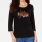 Karen Scott Women's Cotton Pumpkin Graphic Top  Black Size Medium