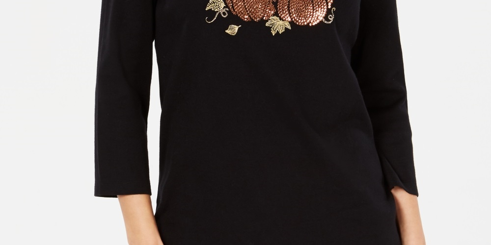 Karen Scott Women's Cotton Pumpkin Graphic Top  Black Size Medium