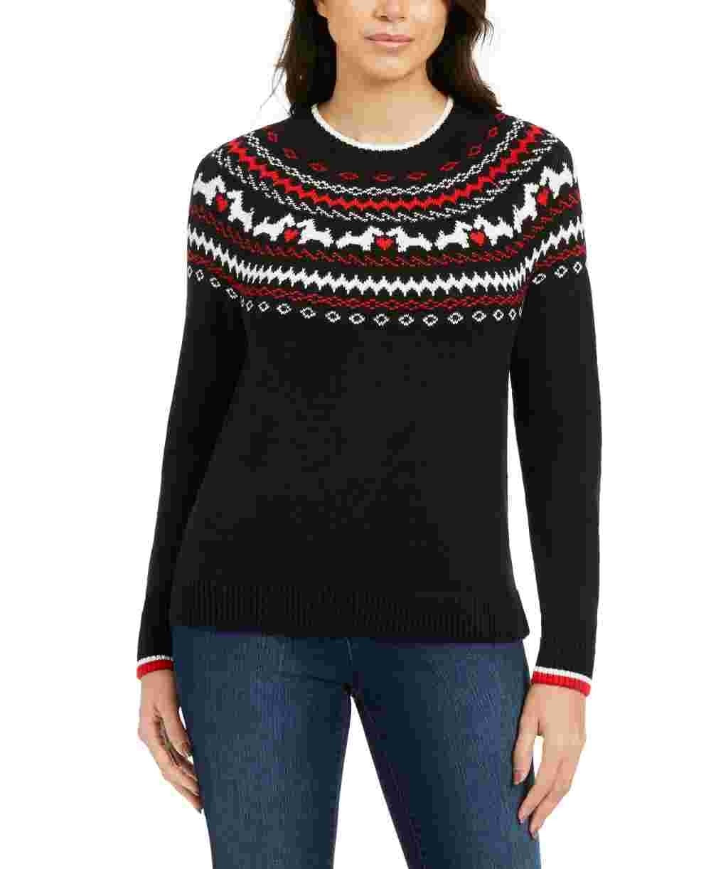 Charter Club Women's Fair Isle Crewneck Sweater  Black Size Petite Small