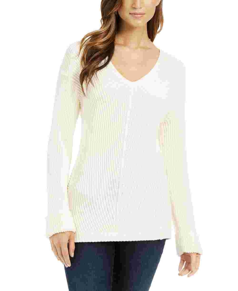 Charter Club Women's Ivory Printed Long Sleeve V Neck Blouse Sweater White Size Petite X-Large