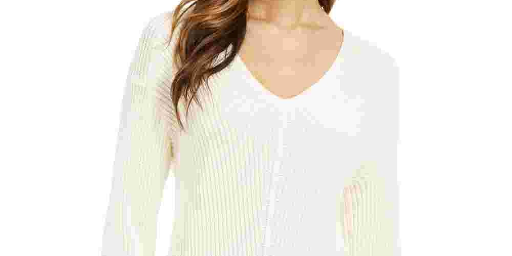 Charter Club Women's Ivory Printed Long Sleeve V Neck Blouse Sweater White Size Petite X-Large