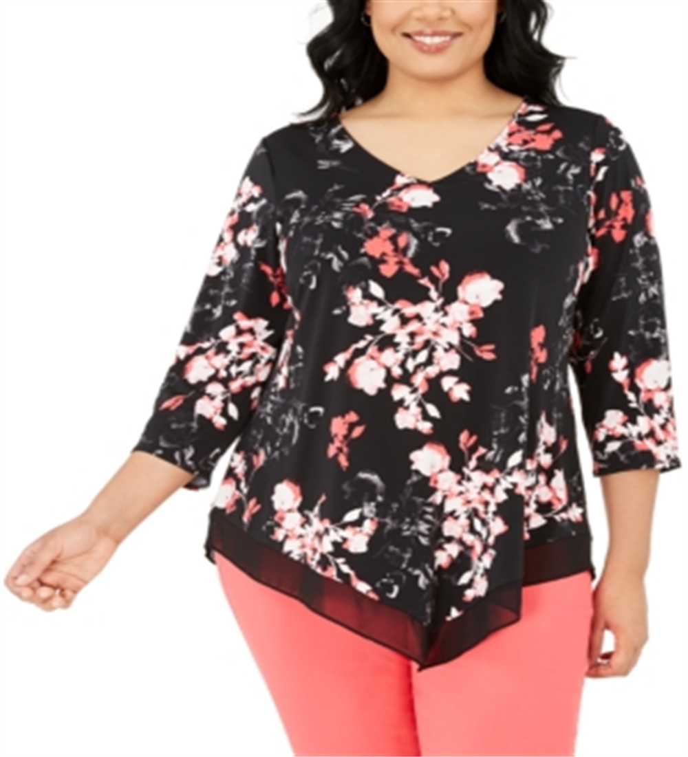 Alfani Women's Plus Printed Point Hem Top Black Floral Size 0X