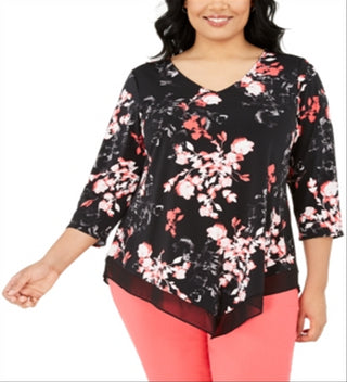 Alfani Women's Plus Printed Point Hem Top Black Floral Size 0X