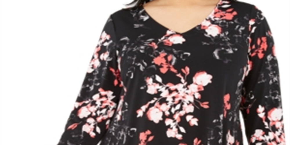 Alfani Women's Plus Printed Point Hem Top Black Floral Size 0X