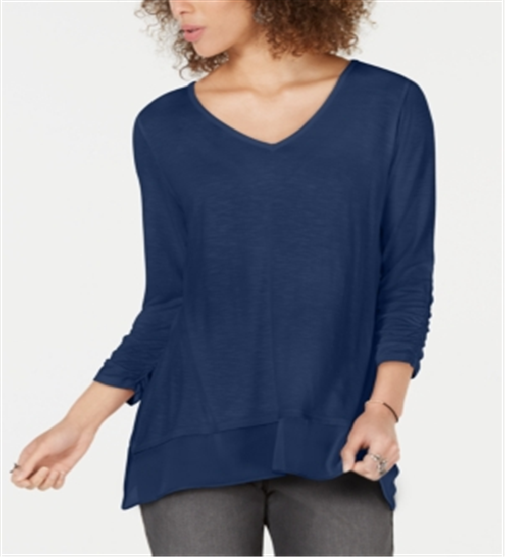 Style & Co Women's Chiffon Hem Top Blue Size Petite M
